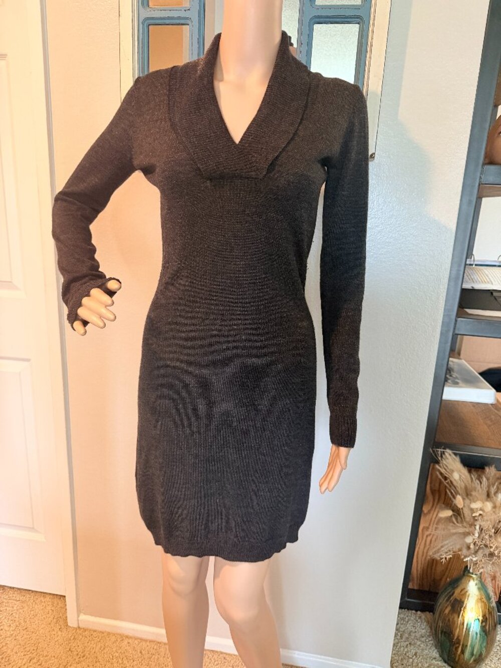 Gray Wool Blend Belted Sweater Dress